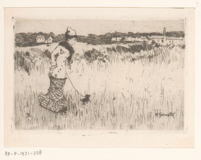Senhora andando com cachorro em uma paisagem de Norbert Goeneutte