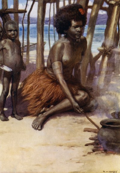 Cozinhando a refeição, Nova Guiné Britânica (cor litho) de Norman Hardy
