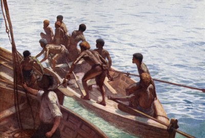 Copra Boys off to the Shore, New Hebrides (cor litho) de Norman Hardy
