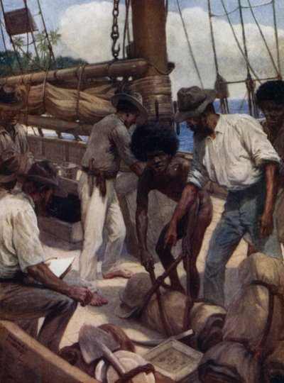 Mineiros de ouro saindo de um navio comercial, British New Guinea (cor litho) de Norman Hardy