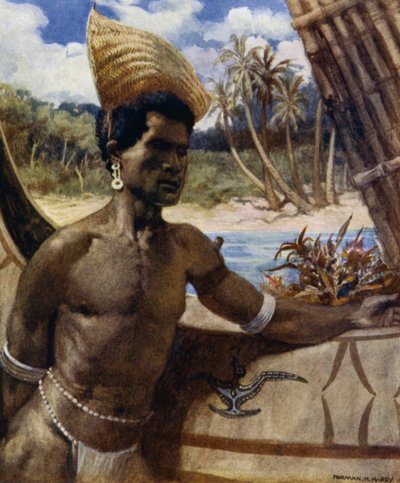 Nativo da Nova Geórgia usando sombreador solar; uma espécie de chapéu sem coroa feito de gramíneas, pode ser usado em qualquer ângulo (cor litho) de Norman Hardy