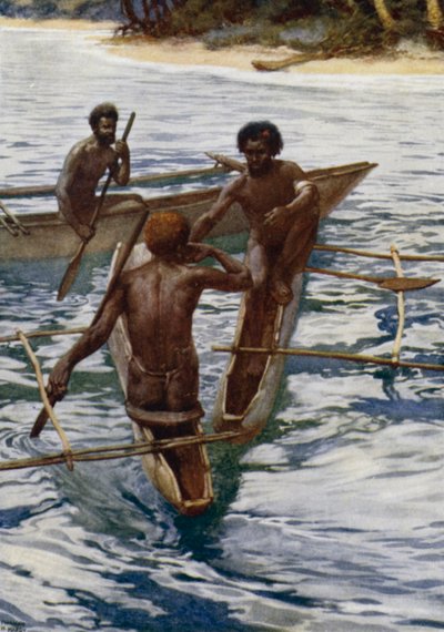 Nativos das Novas Hébridas a tomar uma bebida (cor litho) de Norman Hardy