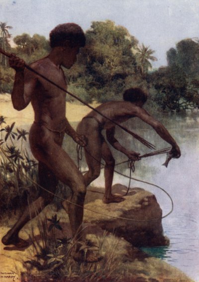 Spearing Fish, Nova Guiné Britânica (cor litho) de Norman Hardy