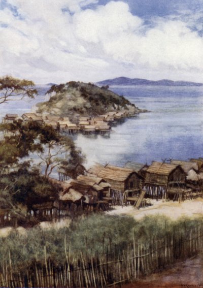 A Ilha de Elevera da Estação Missionária, Port Moresby, Nova Guiné Britânica (cor litho) de Norman Hardy