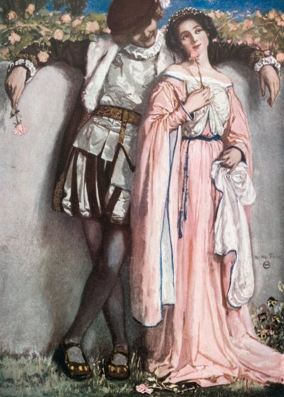 Beatriz e Benedito. Much Ado About Nothing - Ato IV, Cena 1 (litografia a cores) de Norman Mills (after) Price