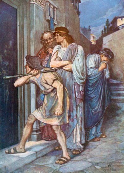 Dromio de Éfeso, "Deixem entrar o meu Mestre!" A Comédia dos Erros - Ato III, Cena 1 (litografia a cores) de Norman Mills (after) Price