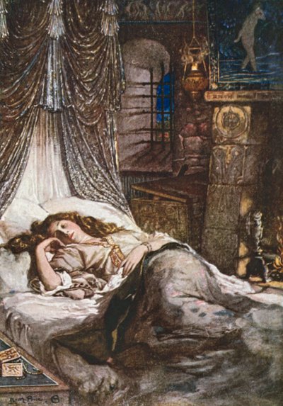 Quarto de dormir de Imogen. Cymbeline - Ato II, Cena 2 (litografia a cores) de Norman Mills (after) Price