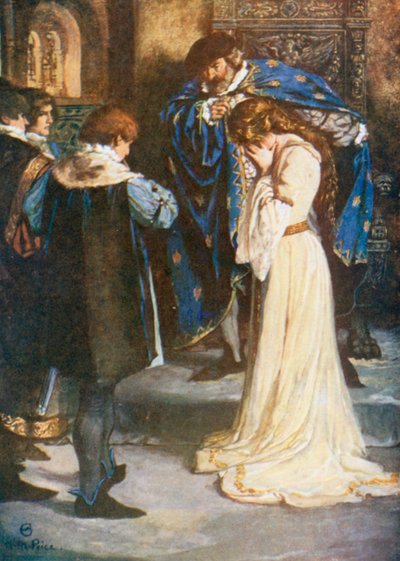 Rei "Então, jovem Bertram, toma-a; ela é a tua mulher". Tudo está bem quando acaba bem - Ato II, Cena 3 (litografia a cores) de Norman Mills (after) Price