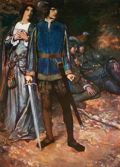 Valentine, "I Dare thee but to Breathe upon my Love". Dois Cavalheiros de Verona - Ato V, Cena 4 (litografia a cores) de Norman Mills (after) Price
