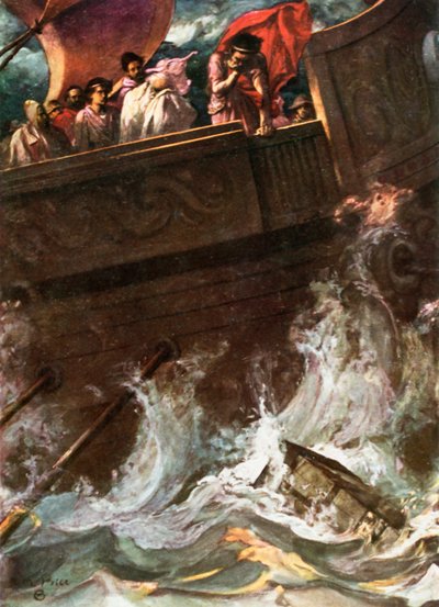 A Rainha Lançada ao Mar. Péricles, Príncipe de Tiro - Acto III, Cena 1, c.1925 (cor litho) de Norman Mills Price
