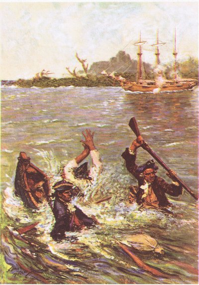 O barco afundou pela popa em três pés de água, de Treasure Island publicado por MacDonald 1947 (lito a cores) de Norman Mills Price
