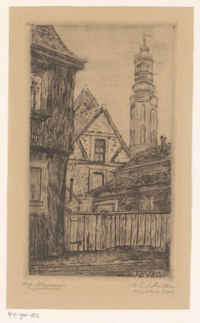 Arquitetura da cidade com a torre em Weimar Alt Weimar (título no objeto) de Octavia Cornelia Suzanna Hofstede de Groot (signed by artist)