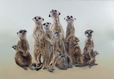 Turba de suricatas, anjos do sol, 2013 (acrílico sobre madeira revestida a gesso) de Odile Kidd