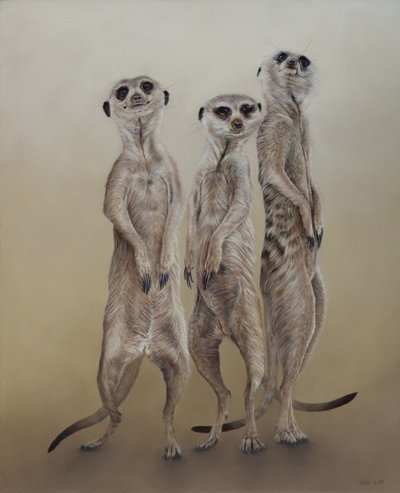 Suricatas, 2014 (acrílico sobre madeira revestida a gesso) de Odile Kidd