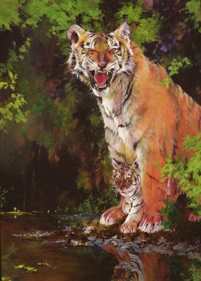 Mãe e Bebé II (Tigres) 1997 (acrílico e lápis de cera sobre papel) de Odile Kidd