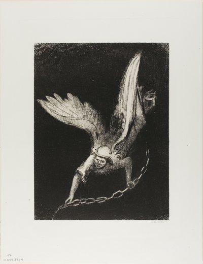 E eu vi um anjo descer do céu, tendo a chave do abismo e uma grande corrente em sua mão, placa 8 de 12 de Odilon Redon