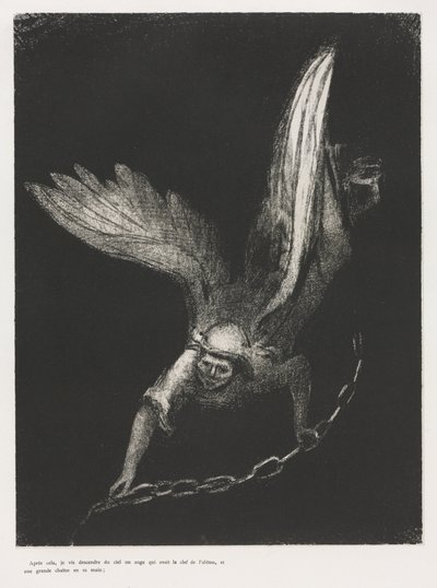 E eu vi um anjo descendo do céu, tendo a chave do abismo e uma grande corrente em sua mão de Odilon Redon
