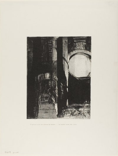 E por todos os lados há colunas de basalto,... a luz cai do telhado abobadado, placa 3 de 24 de Odilon Redon