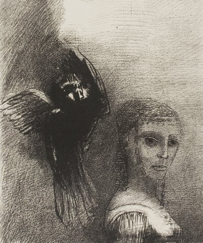 E um grande pássaro, descendo do céu, se lança contra o ponto mais alto de seu cabelo, placa 3 de 10 de Odilon Redon
