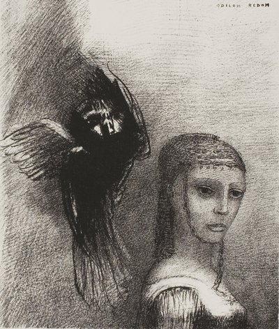 E um grande pássaro, descendo do céu, se lança contra o ponto mais alto de seu cabelo, placa 3 de 10 de Odilon Redon