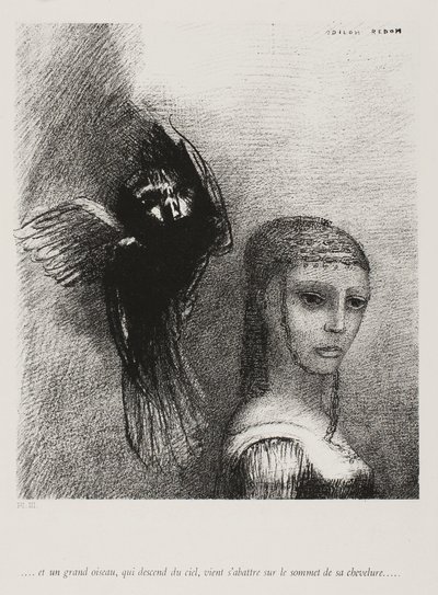 E um pássaro grande, descendo do céu, se lança contra a ponta mais alta de seu cabelo, placa 3 de 10, 1888 de Odilon Redon