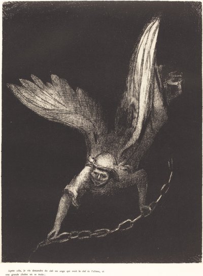 Depois disso eu vi um anjo descer do céu, tendo a chave do abismo e uma grande corrente em sua mão (E eu vi um anjo descer do céu, tendo a chave do abismo e uma grande corrente em sua mão ) de Odilon Redon