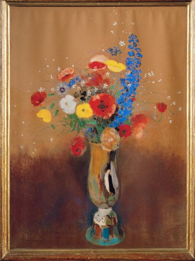 Bouquet de flores silvestres num vaso de pescoço comprido (guache) de Odilon Redon