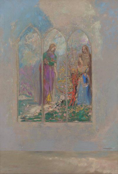 Devoção perto de um arbusto vermelho de Odilon Redon