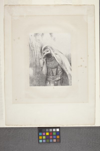 Ela puxa do peito uma esponja negra... (litografia em papel de apliques da China) de Odilon Redon