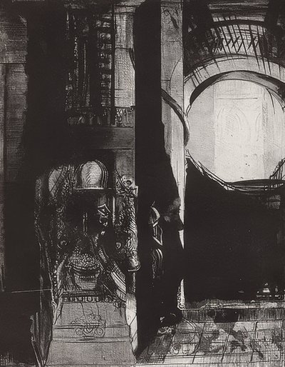 E em todo lugar há colunas de basalto , A luz cai das abóbadas, Blatt 3 der Folge La Tentation de Saint-Antoine. 1896 de Odilon Redon