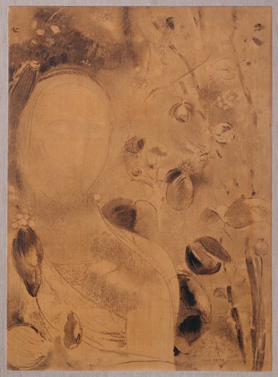 Flores e rosto (carvão sobre papel) de Odilon Redon
