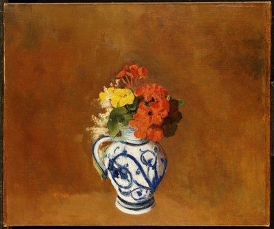Gerânios e outras flores em um vaso de grés de Odilon Redon