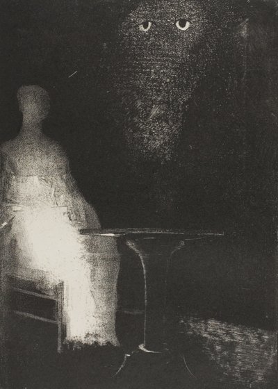 Continuei a olhar para a cadeira, e imaginei ter visto nela um contorno azul pálido e enevoado de uma figura humana, placa 1 de 6 de Odilon Redon