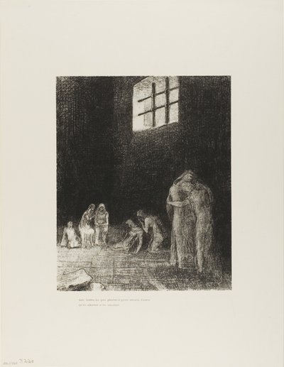 Na sombra estão as pessoas, chorando e orando, cercadas por outros que as exortam, placa 6 de 24 de Odilon Redon
