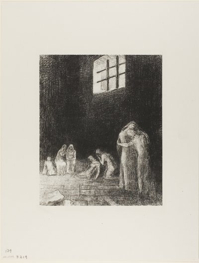 Na sombra estão as pessoas, chorando e orando, cercadas por outros que as exortam, placa 6 de 24 de Odilon Redon