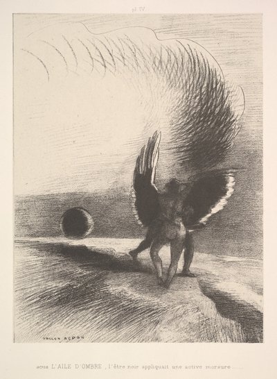 Na sombra da asa, a criatura negra mordeu, 1891. de Odilon Redon