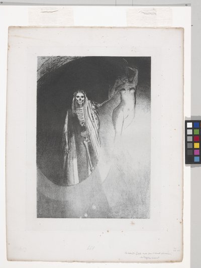 Morte: "Sou eu quem te torna sério... (Morte: "Sou eu quem te faz falar a sério") (litografia em papel de aplique-chine) de Odilon Redon