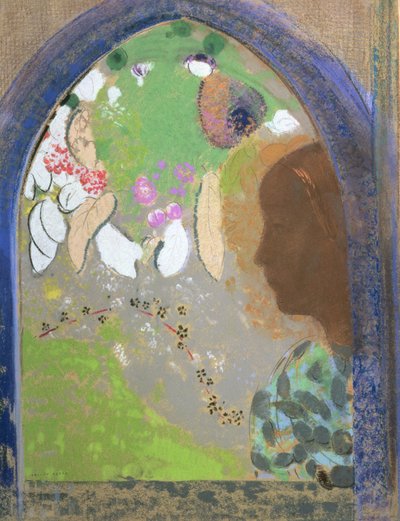 Perfil de uma mulher na janela, c.1912 (pastel no cartão) de Odilon Redon