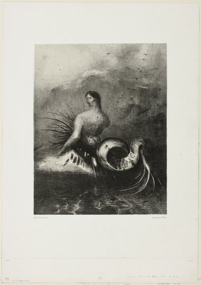 Sereia saindo das ondas, vestida de chamas, placa 4 de 8 de "Les Origines" de Odilon Redon