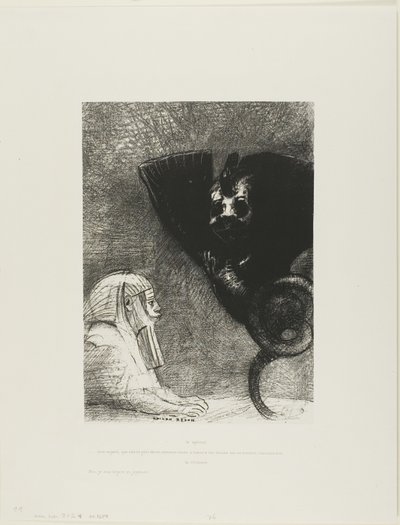 A Esfinge: "...meu olhar que nada pode desviar, passando pelos objetos, permanece fixo em um horizonte inacessível." A Quimera: "Quanto a mim, sou leve e alegre", placa 5 de To Gustave Flaubert de Odilon Redon