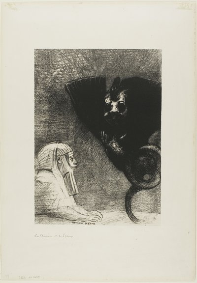 A Esfinge: "...meu olhar que nada pode desviar, passando pelos objetos, permanece fixo em um horizonte inacessível." A Quimera: "Quanto a mim, sou leve e alegre", placa 5 de To Gustave Flaubert de Odilon Redon