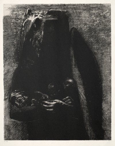 A tentação da primeira série de Santo Antônio: É o diabo, carregando debaixo de suas duas asas, 1888. de Odilon Redon
