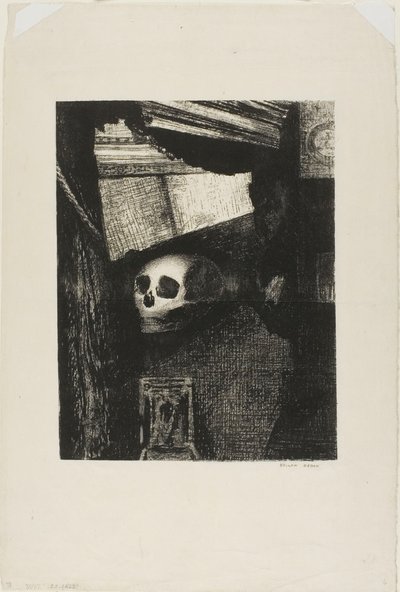 Através de uma abertura na parede, apareceu uma caveira, placa 1 de Le Jure de Edmond Picard de Odilon Redon