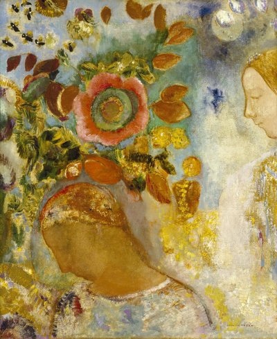 Duas jovens raparigas entre flores de Odilon Redon