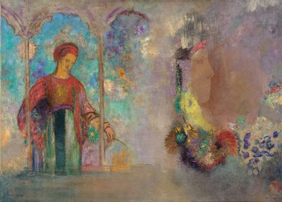 Mulher em uma arcada gótica - Mulher com flores - Peinture de Odilon Redon(1840-1916) de Odilon Redon