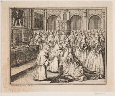 O bispo Hersleb unge a rainha Louise na Igreja do Palácio de Frederiksborg. Ilustração para o ato de unção de Frederik d. IV de Odvardt Helmoldt de Lode