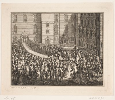 Rei Frederik V em procissão para a cerimônia de unção na Igreja do Palácio de Frederiksborg. Ilustração para o ato de unção de Frederik d. IV de Odvardt Helmoldt de Lode