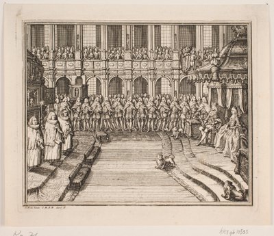 Rei Frederik V e Rainha Louise durante a cerimônia de unção na Igreja do Palácio de Frederiksborg. Ilustração para o ato de unção de Frederik d. IV de Odvardt Helmoldt de Lode