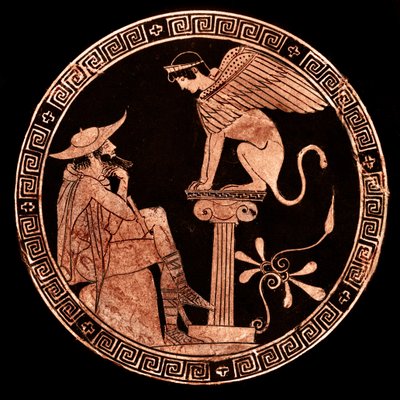 Figura vermelha da Kylix do Sótão representando Édipo e a Esfinge, Vulci, c.470 BC (cerâmica) de Oedipus Painter (attr. to)