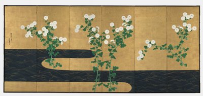 Crisântemos por um fluxo, par de telas dobráveis de seis painéis, final de 1700-início de 1800 (tinta e cor em papel dourado) de Ogata (follower of) Korin